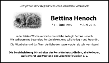 Traueranzeige von Bettina Henoch von  Gießener Anzeiger