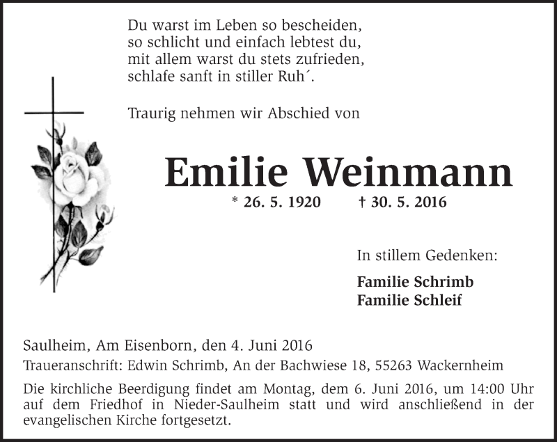  Traueranzeige für Emilie Weinmann vom 04.06.2016 aus  Allgemeine Zeitung Alzey