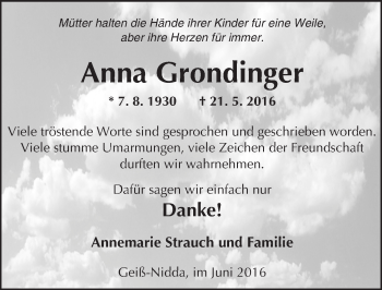 Traueranzeige von Anna Grondinger von  Kreisanzeiger