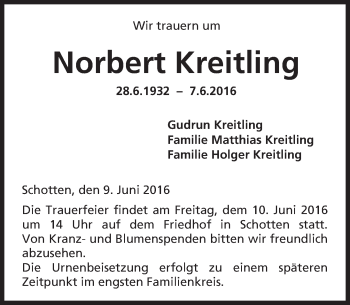 Traueranzeige von Norbert Kreitling von  Kreisanzeiger