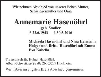 Traueranzeige von Annemarie Hasenöhrl von  Wiesbaden komplett