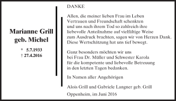 Traueranzeige von Marianne Grill von Trauerportal Rhein Main Presse