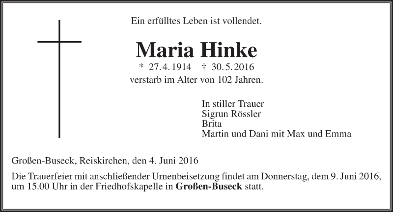  Traueranzeige für Maria Hinke vom 04.06.2016 aus  Gießener Anzeiger