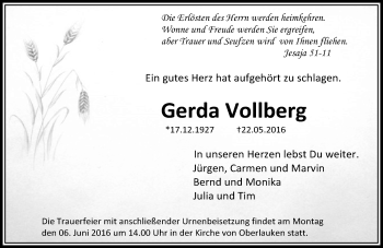 Traueranzeige von Gerda Vollberg von  Usinger Anzeiger