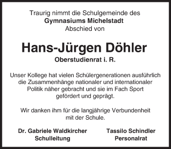 Traueranzeige von Hans-Jürgen Döhler von Trauerportal Echo Online