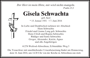 Traueranzeige von Gisela Schwachta von  Usinger Anzeiger
