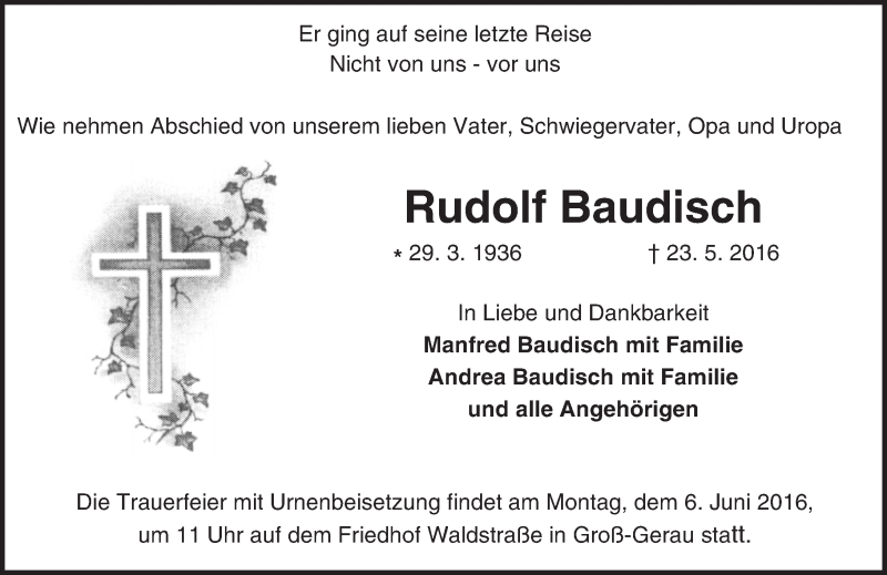  Traueranzeige für Rudolf Baudisch vom 02.06.2016 aus Trauerportal Echo Online