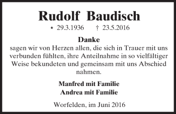 Traueranzeige von Rudolf Baudisch von Trauerportal Echo Online