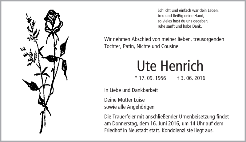  Traueranzeige für Ute Henrich vom 13.06.2016 aus Trauerportal Echo Online