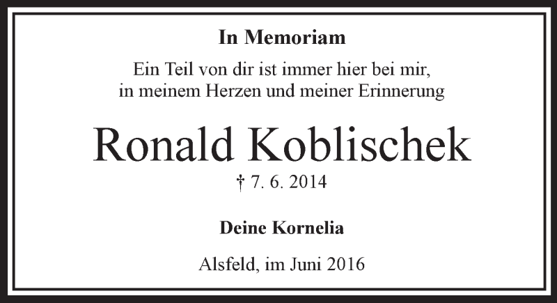  Traueranzeige für Ronald Koblischek vom 07.06.2016 aus VRM Trauer