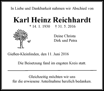 Traueranzeige von Karl Heinz Reichhardt von  Gießener Anzeiger