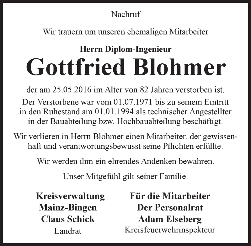  Traueranzeige für Gottfried Blohmer vom 08.06.2016 aus  Mainspitze