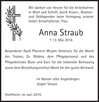 Traueranzeige von Anna Straub von  Hochheimer Zeitung