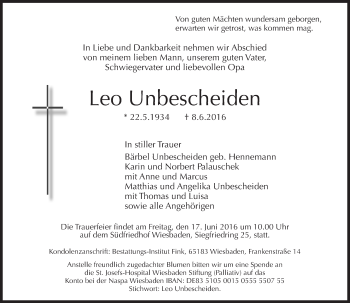 Traueranzeige von Leo Unbescheiden von  Wiesbaden komplett
