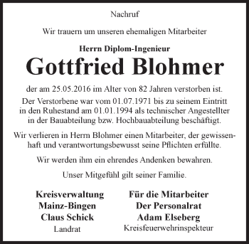 Traueranzeige von Gottfried Blohmer von  Mainspitze