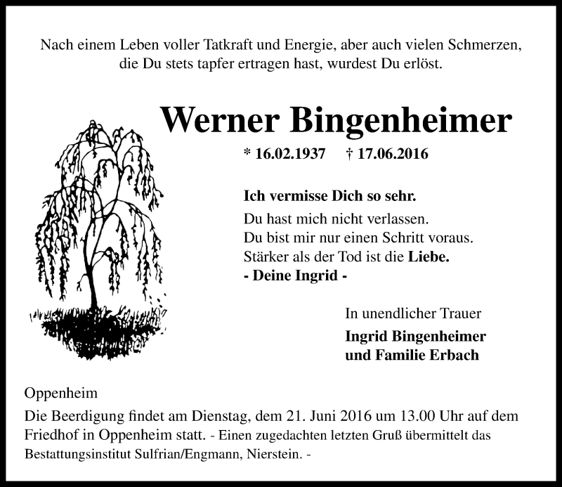  Traueranzeige für Werner Bingenheimer vom 20.06.2016 aus Trauerportal Rhein Main Presse