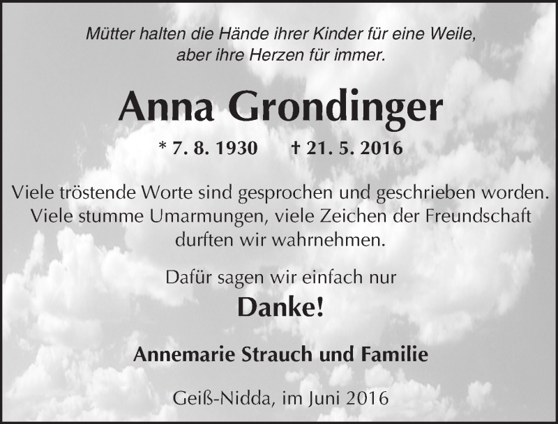  Traueranzeige für Anna Grondinger vom 25.06.2016 aus  Kreisanzeiger