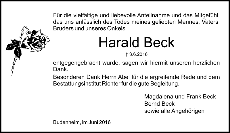  Traueranzeige für Harald Beck vom 25.06.2016 aus Trauerportal Rhein Main Presse