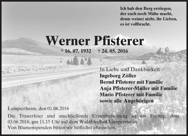  Traueranzeige für Werner Pfisterer vom 01.06.2016 aus  Wormser Zeitung