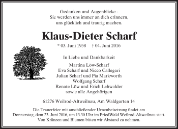 Traueranzeige von Klaus-Dieter Scharf von  Usinger Anzeiger