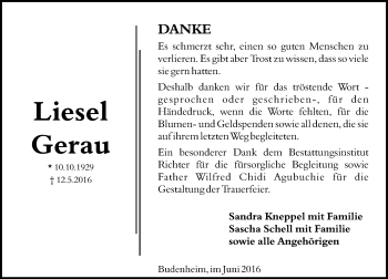 Traueranzeige von Liesel Gerau von  Allgemeine Zeitung Mainz