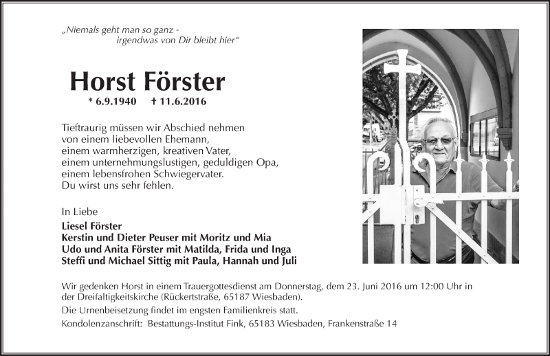  Traueranzeige für Horst Förster vom 18.06.2016 aus Trauerportal Rhein Main Presse