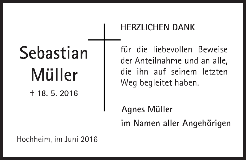  Traueranzeige für Sebastian Müller vom 10.06.2016 aus  Hochheimer Zeitung