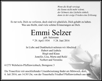 Traueranzeige von Emmi Selzer von  Usinger Anzeiger