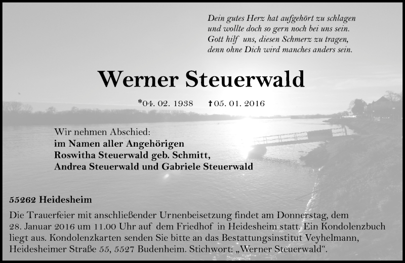  Traueranzeige für Werner Steuerwald vom 23.01.2016 aus  Allgemeine  Zeitung Ingelheim-Bingen