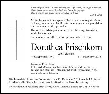 Traueranzeige von Dorothea Frischkorn von  Gelnhäuser Tageblatt