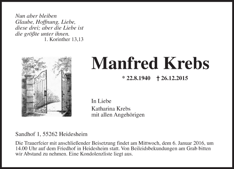  Traueranzeige für Manfred Krebs vom 02.01.2016 aus  Allgemeine Zeitung Mainz