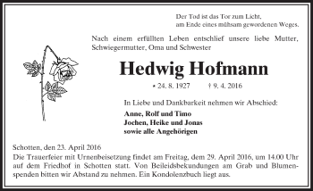 Traueranzeige von Hedwig Hofmann von  Kreisanzeiger