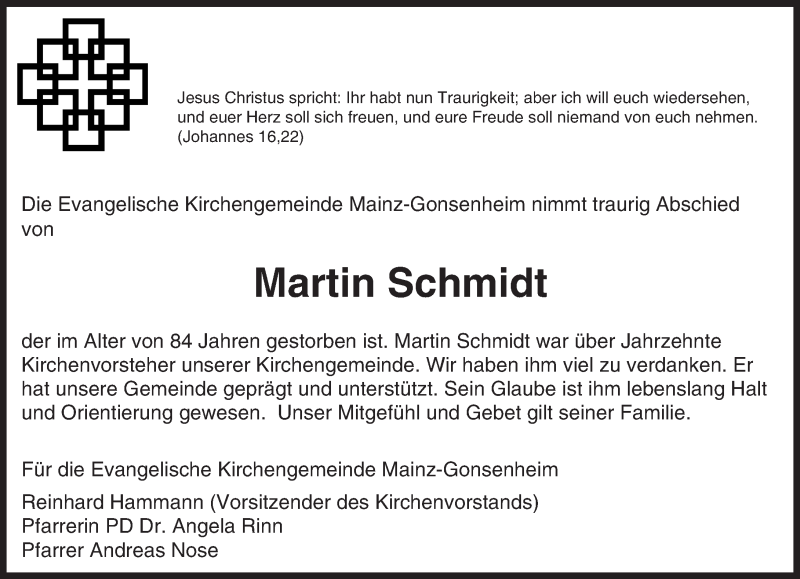  Traueranzeige für Martin Schmidt vom 14.11.2015 aus  Allgemeine Zeitung Mainz