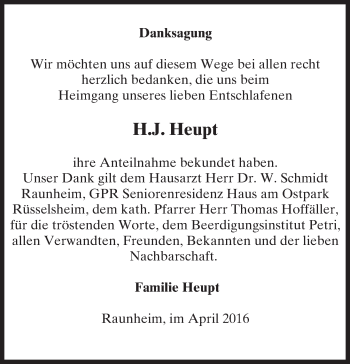 Traueranzeige von H. J. Heupt von  Mainspitze