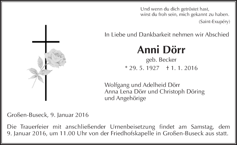  Traueranzeige für Anni Dörr vom 07.01.2016 aus  Gießener Anzeiger