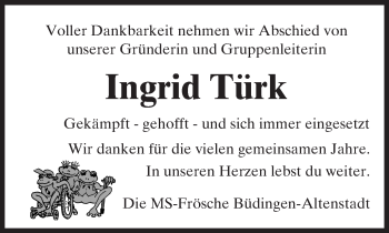 Traueranzeige von Ingrid Türk von  Kreisanzeiger