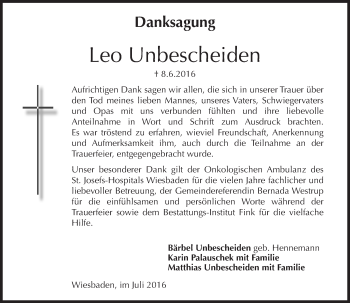 Traueranzeige von Leo Unbescheiden von Trauerportal Rhein Main Presse