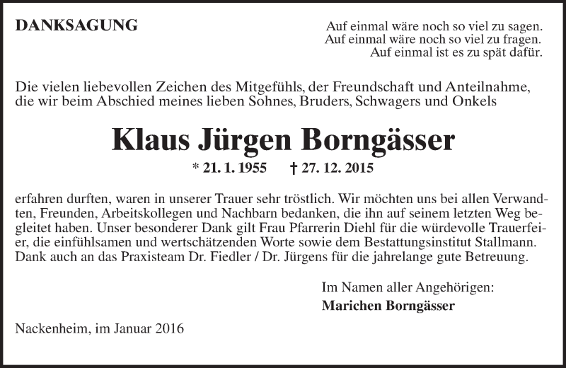  Traueranzeige für Klaus Jürgen Borngässer vom 23.01.2016 aus  Allgemeine Zeitung Mainz