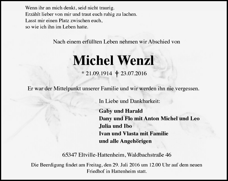  Traueranzeige für Michel Wenzl vom 26.07.2016 aus Trauerportal Rhein Main Presse