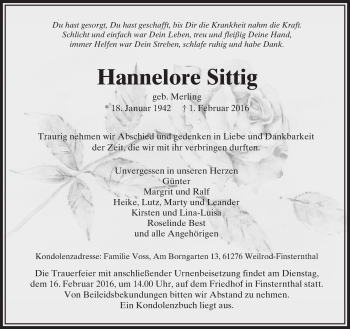 Traueranzeige von Hannelore Sittig von  Usinger Anzeiger