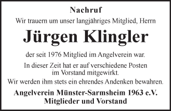 Traueranzeige von Jürgen Klingler von  Allgemeine  Zeitung Ingelheim-Bingen