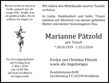 Traueranzeige von Marianne Pätzold von  Wiesbaden komplett