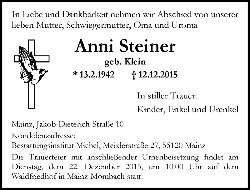  Traueranzeige für Anni Steiner vom 19.12.2015 aus  Allgemeine Zeitung Mainz