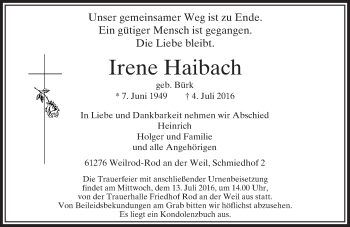 Traueranzeige von Irene Haibach von  Usinger Anzeiger