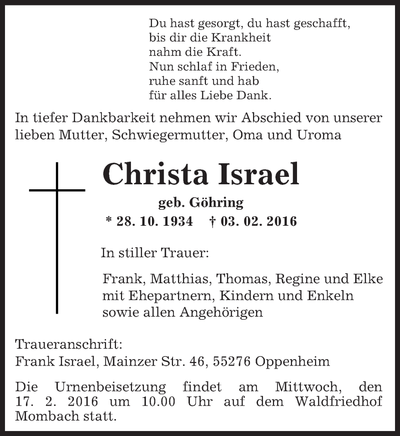  Traueranzeige für Christa Israel vom 13.02.2016 aus  Landskrone