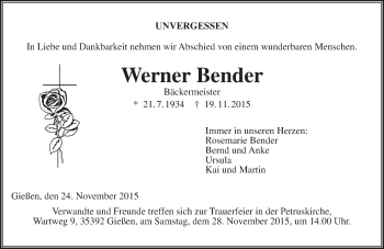 Traueranzeige von Werner Bender von  Gießener Anzeiger