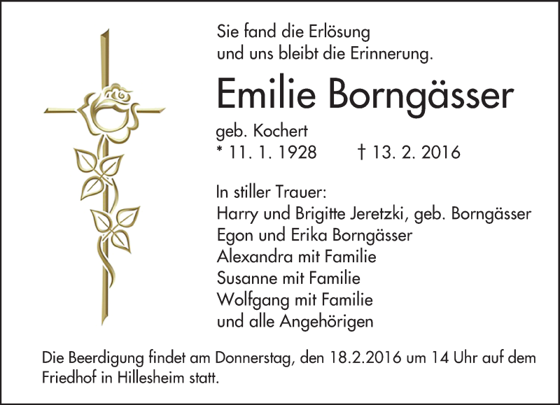  Traueranzeige für Emilie Borngässer vom 16.02.2016 aus  Landskrone