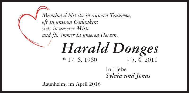  Traueranzeige für Harald Donges vom 05.04.2016 aus  Mainspitze