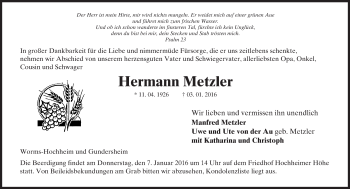 Traueranzeige von Hermann Metzler von  Allgemeine Zeitung Alzey