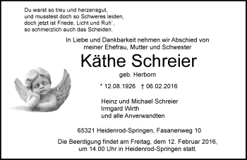 Traueranzeige von Käthe Schreier von  WK-UTA/Aar-Bote